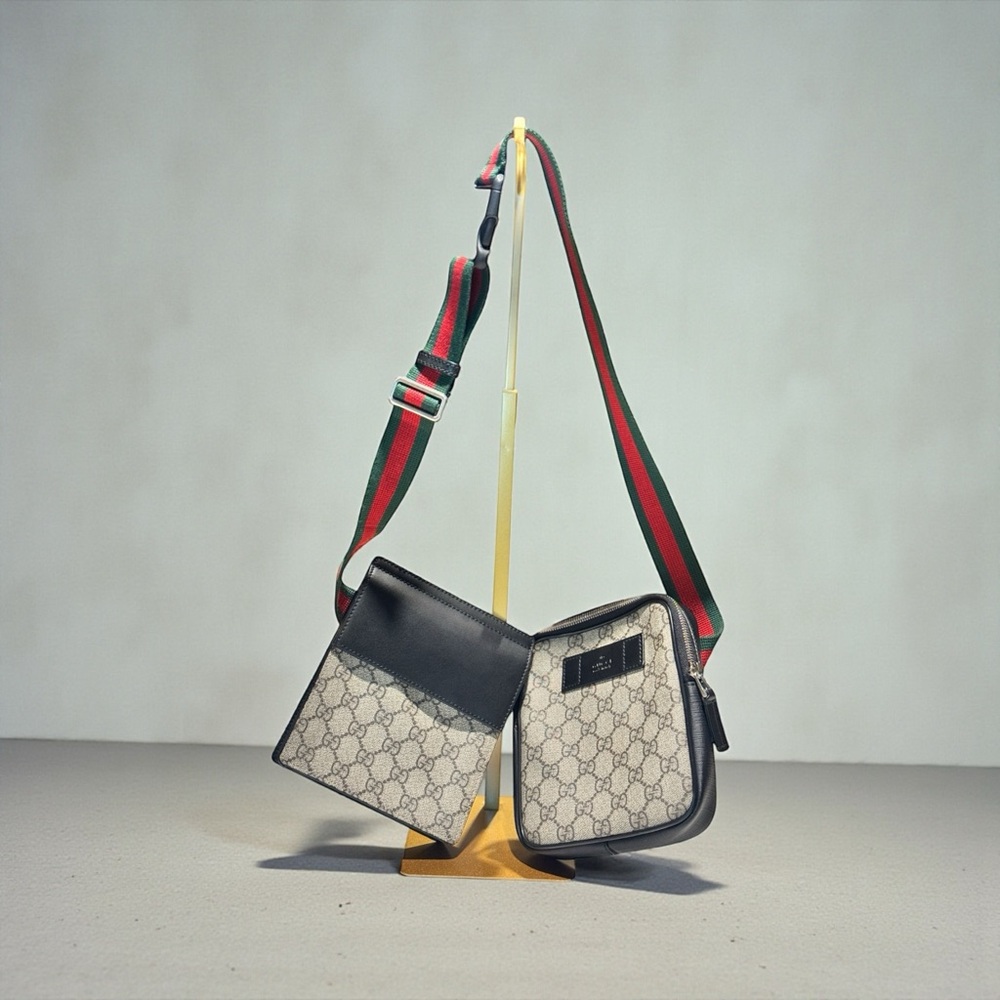 Gucci Black and Cream Belt Bag with Red and Green Strap